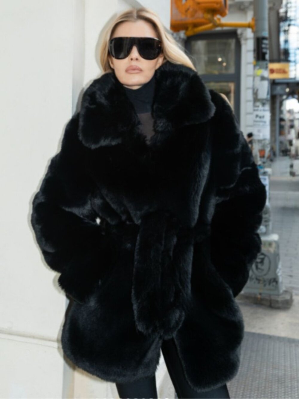 Alo Yoga‎ Starstruck Faux Fur Coat Black Belted Size S